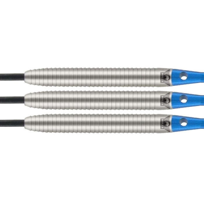 Three 90 percent tungsten darts in side view showing ringed grip barrels and blue shafts, isolated on white background