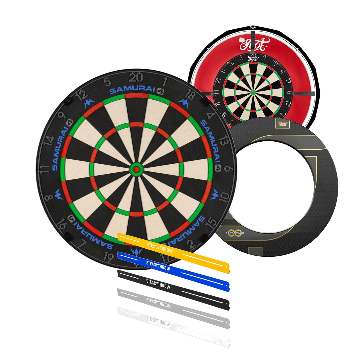 Complete Darts Setup Bundle - Samurai 4 Graphite + Advantage 8 Surround + Shot Lumen + SteadyThrow