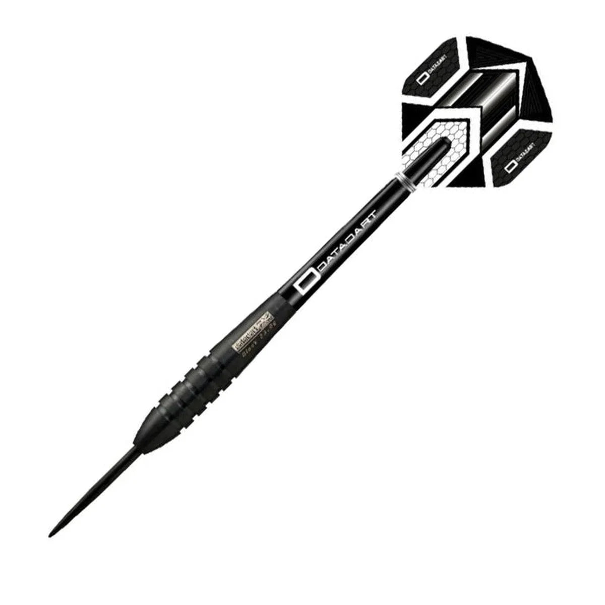 Angled full view of single 90% tungsten torpedo dart with black grooved barrel and geometric black flight on white background