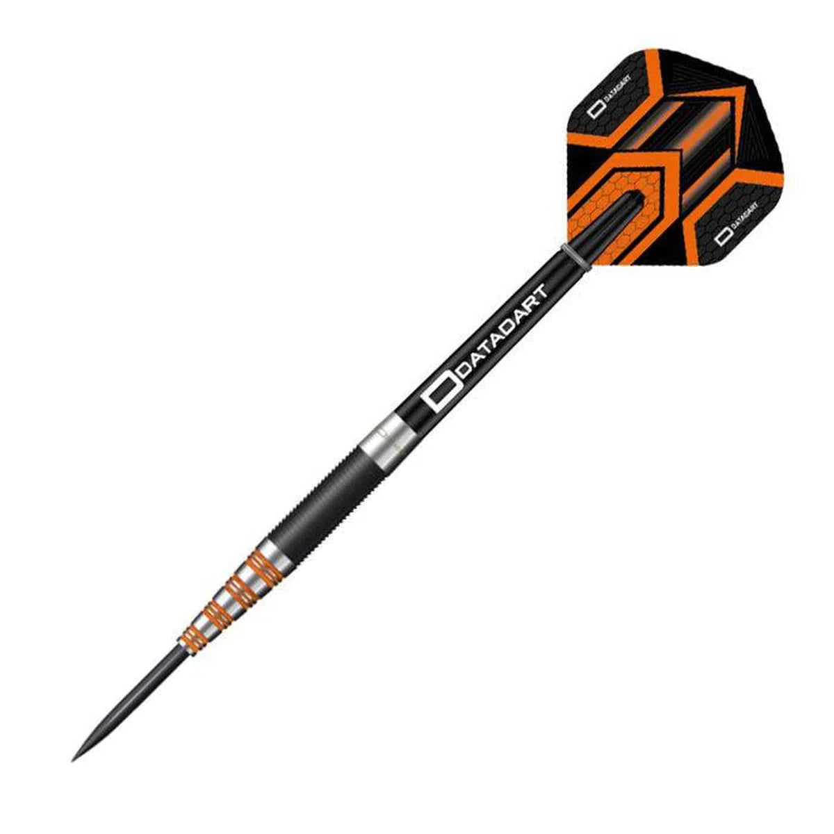 Angled view tungsten dart isolated on white, showing tapered nose, radial grip cuts, and hex-pattern flights