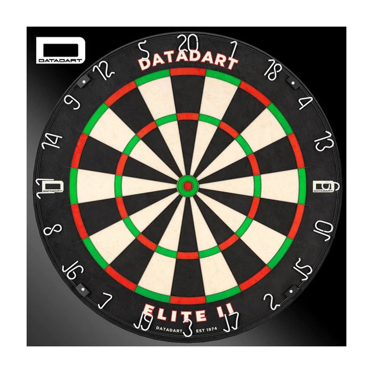 Professional sisal dartboard full view showing staple-free wiring, crisp scoring segments, and Elite 2 Pro details