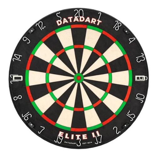 Professional dartboard full frontal view on white background, staple-free wiring, visible scoring zones, clear number ring