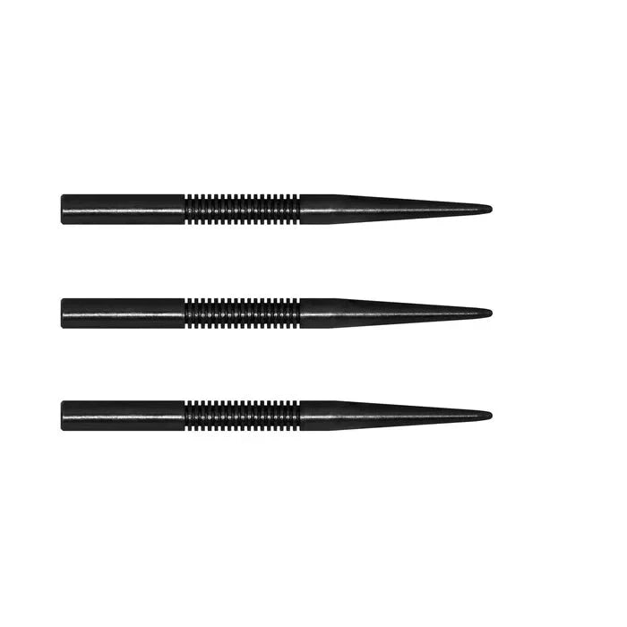Three black steel dart points side by side on white background, showcasing grip texture and precision tapered tips