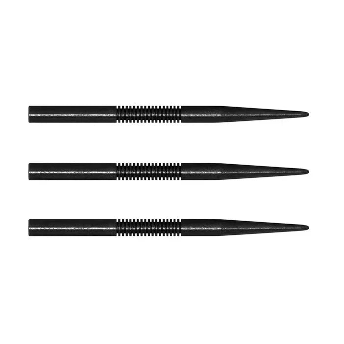 Three black steel dart points with machined grip, full view on white background, precision tip replacement for darts