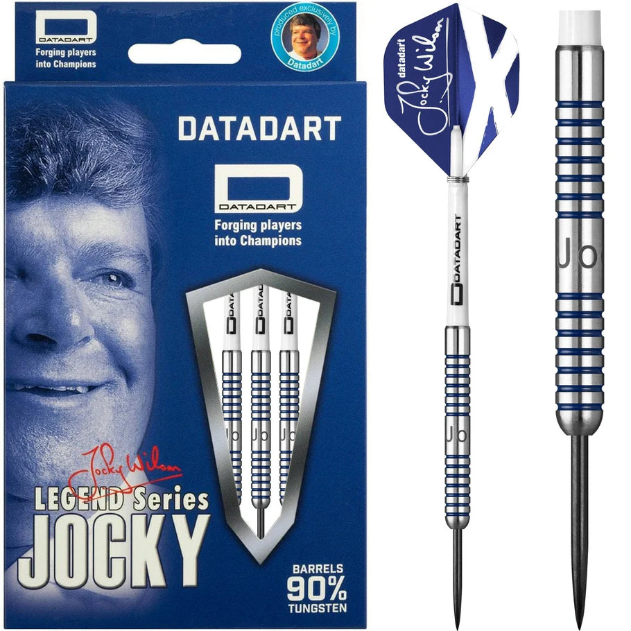 Jocky Wilson 90% tungsten darts full view in retail box with close-up of single dart showing blue ringed grip and signature flight