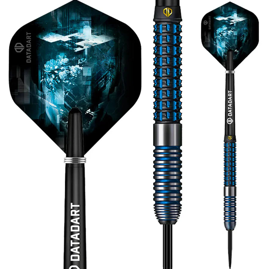 Tungsten dart with blue radial cut barrel, close-up of flight design, macro grip detail, and full dart view on white background