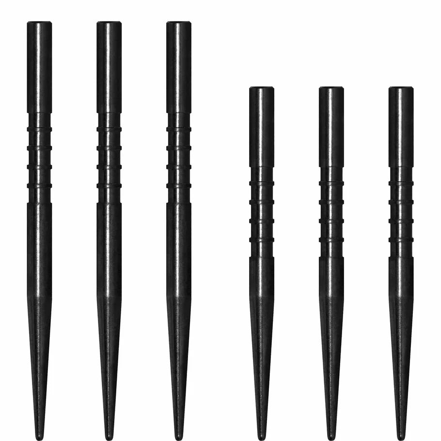 Six black steel dart points arranged upright on white background, showing grooved grip detail for precision darts setup.
