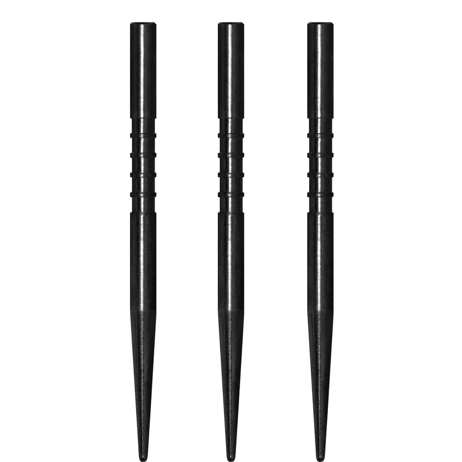 Three black replacement steel dart points with shark grip rings displayed vertically on white background