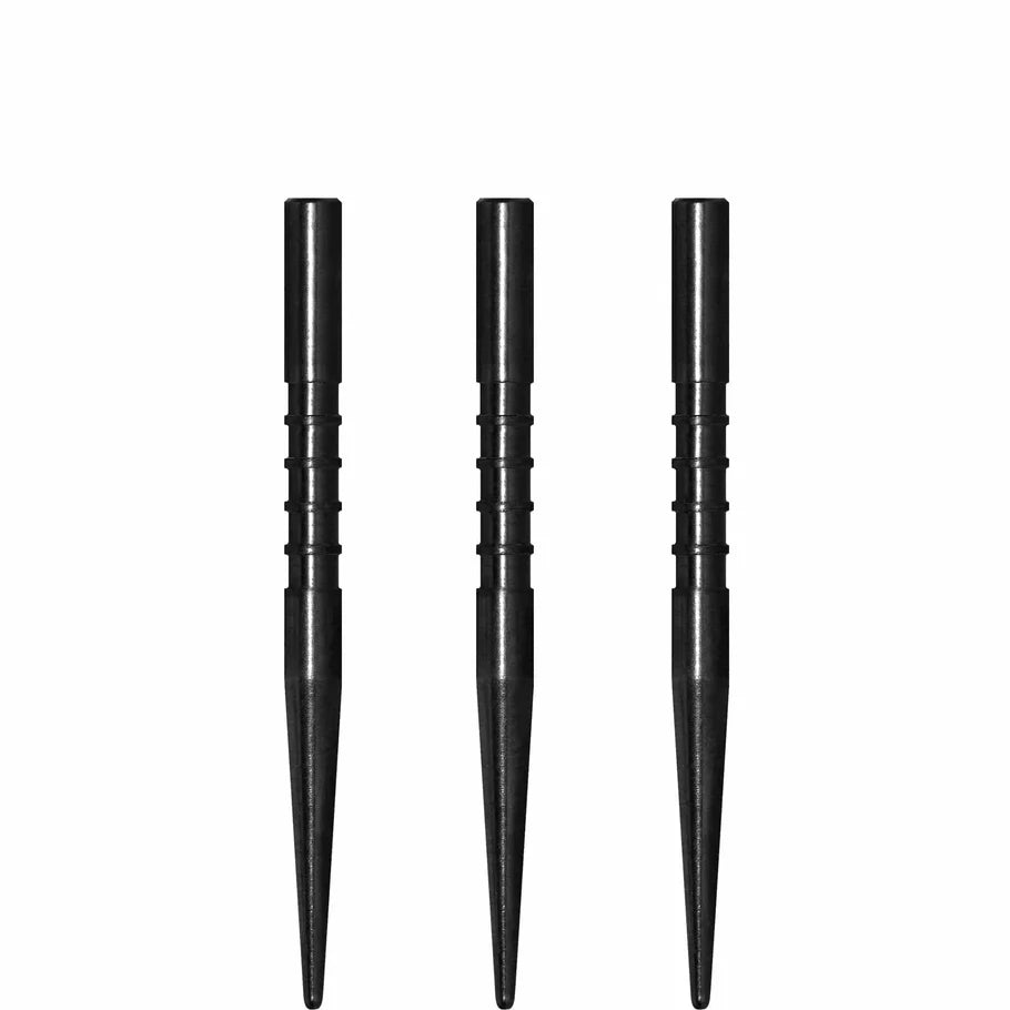 Three black steel dart points with shark grip grooves, full product view on white background, dart equipment accessory