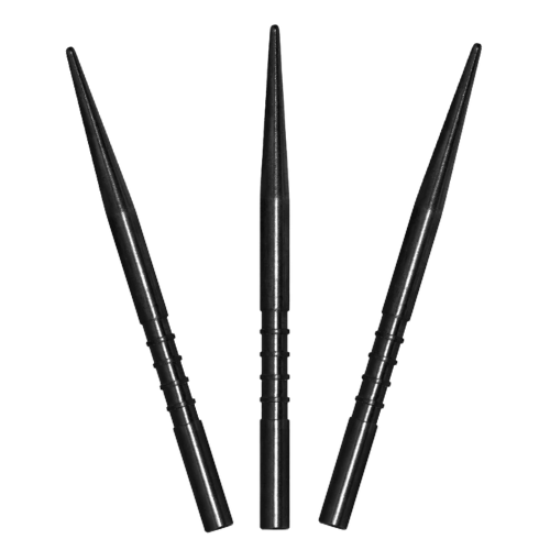 Three black steel dart points isolated on white, upright display highlighting precision grip grooves for dart players