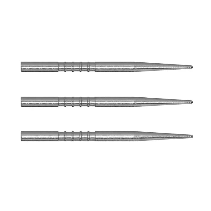 Three silver steel dart points with precision grooves, aligned horizontally on white background for dartboard setup