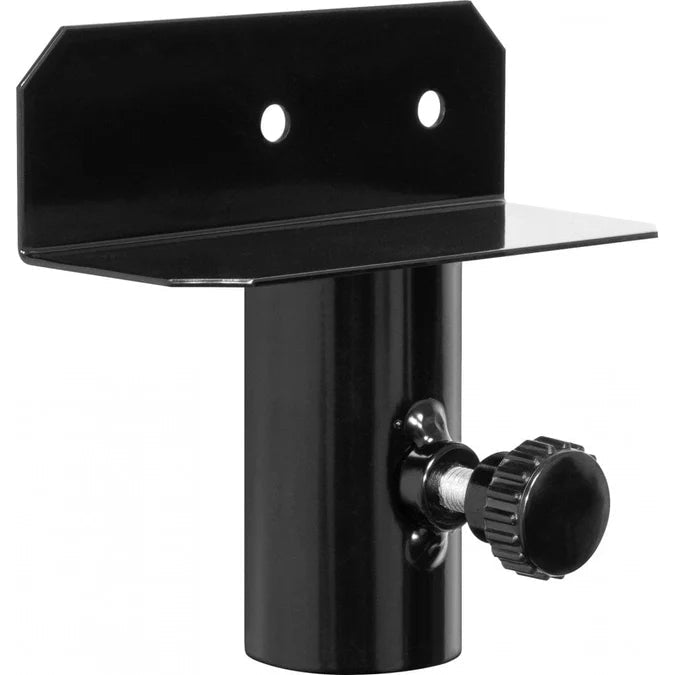 Angled close-up of darts travel stand bracket with mounting plate and adjustment knob, isolated on white background