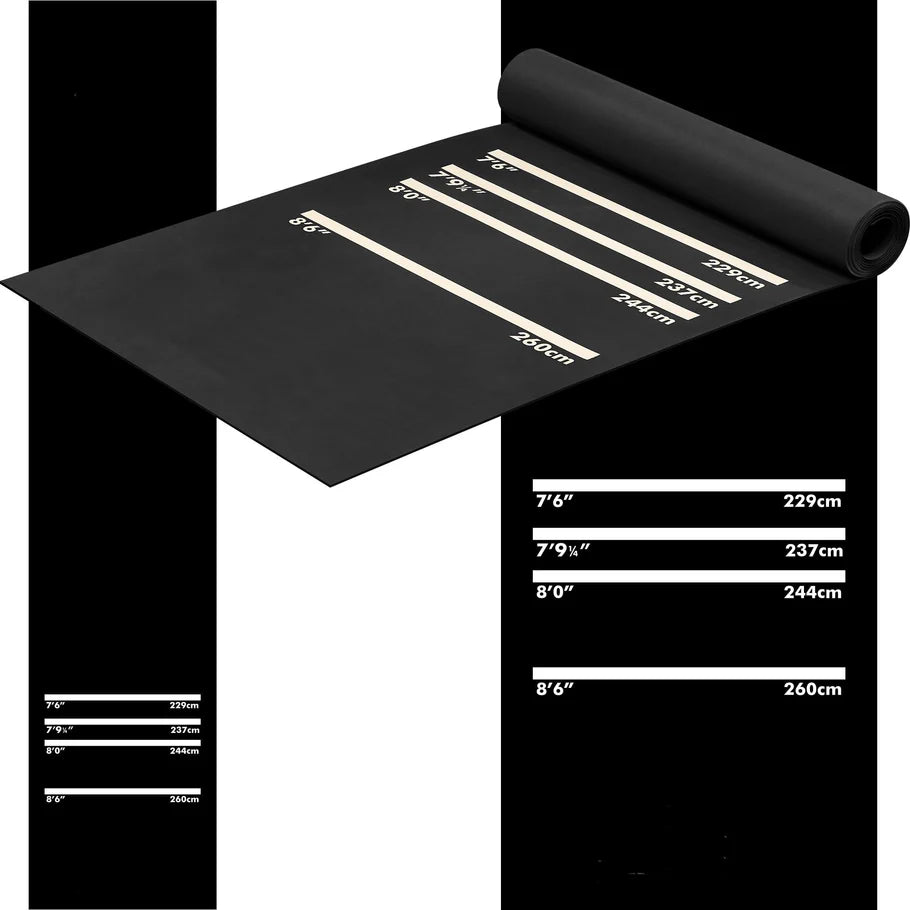 Heavy duty rubber dart mat unrolled, angled view, with clear oche distance markings for dartboard setup, isolated on white background