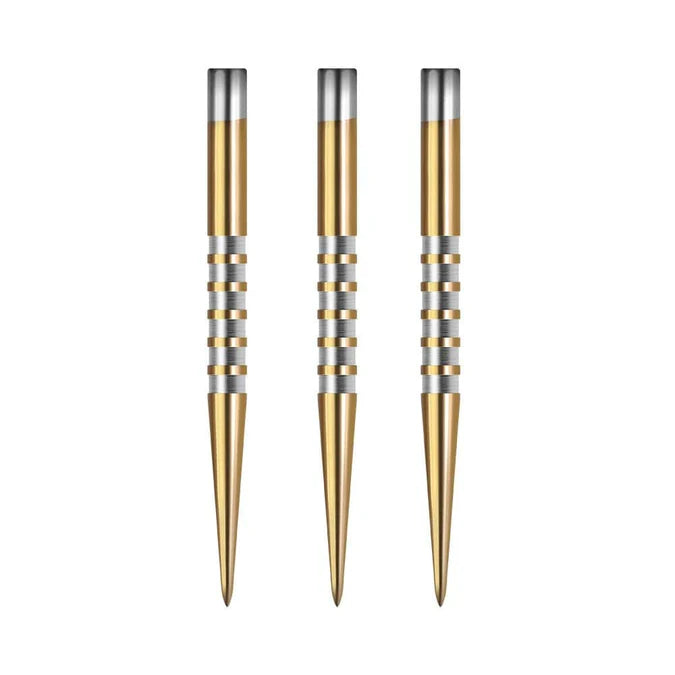 Three gold dart points with precision CD grip rings, full product view on white background for steel tip dart setup