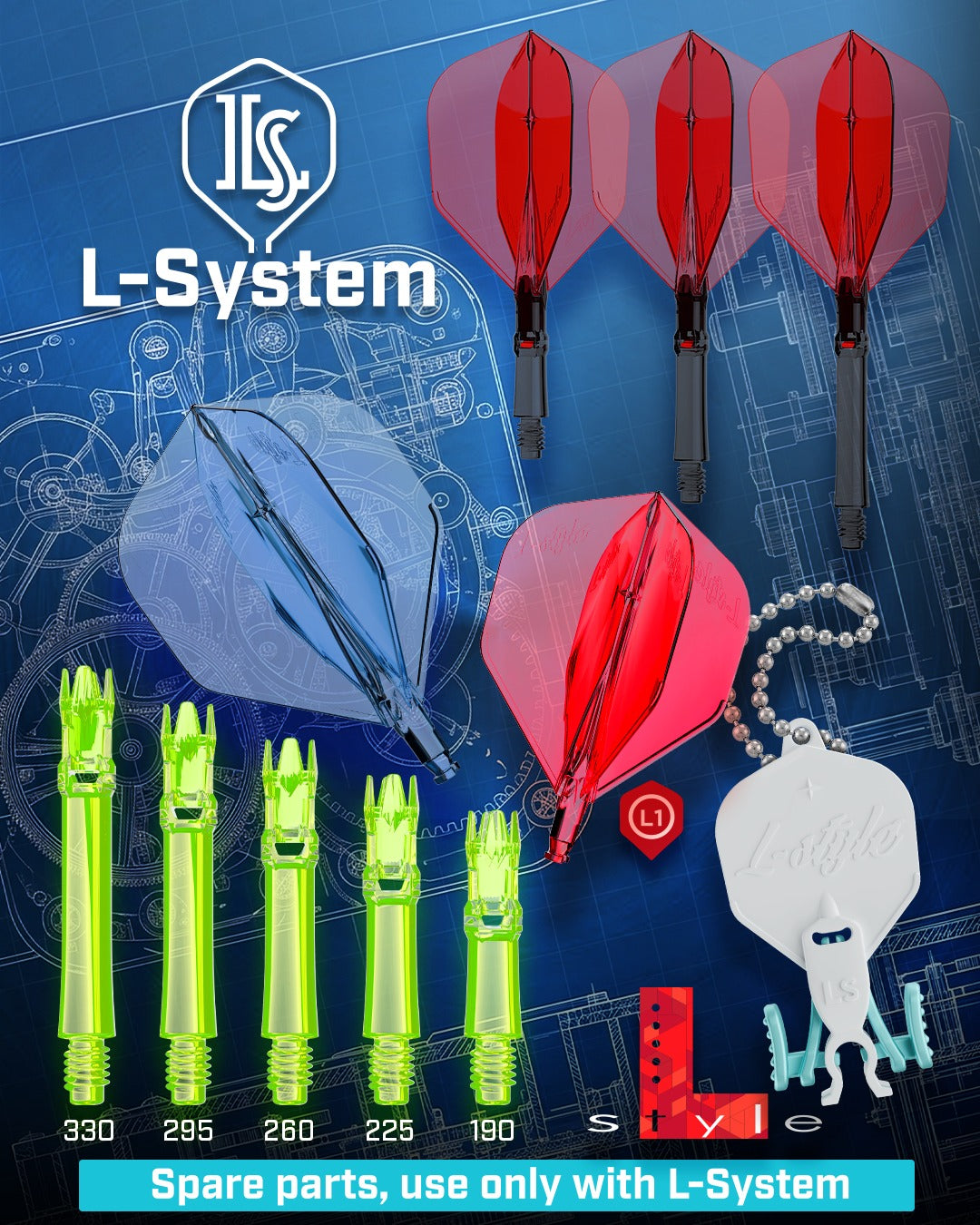 L-Style L-System spare L1 flights in four colours with the Key-2 removal tool