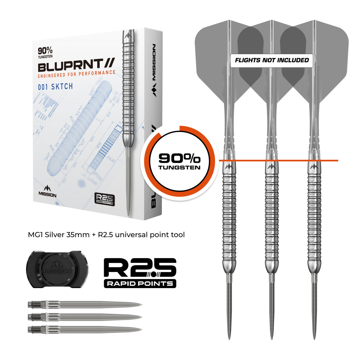 Mission BLUPRNT SKTCH 90% tungsten darts - set with packaging, barrels, points and grip rating