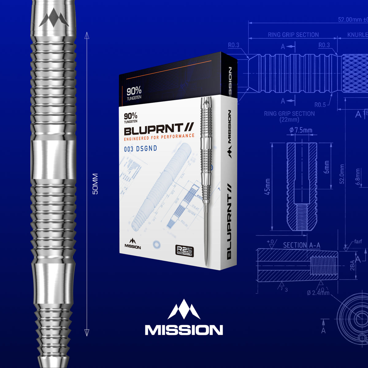 Mission BLUPRNT DSGND 90% tungsten darts - packaging artwork