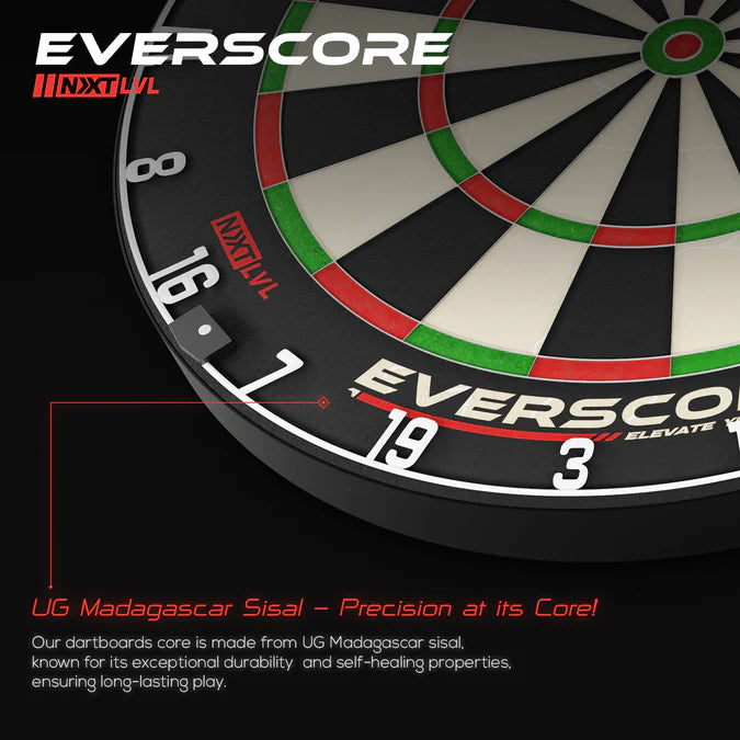 Angled close-up of professional sisal dartboard showing durable Madagascar sisal surface, crisp segment colors, and clear numbering