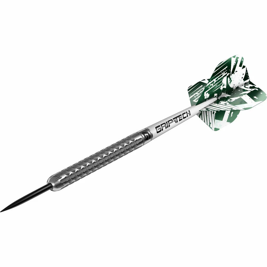 Angled close-up of a tungsten dart with dimpled grip texture and green patterned flight, isolated on white background