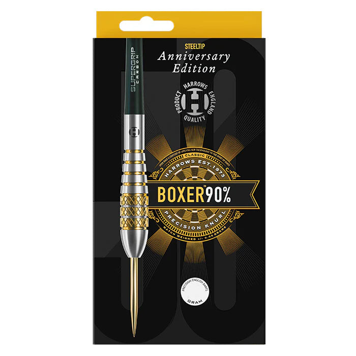 Steel tip Boxer 90% tungsten dart in retail packaging, highlighting knurled grip and precision barrel design, single dart displayed