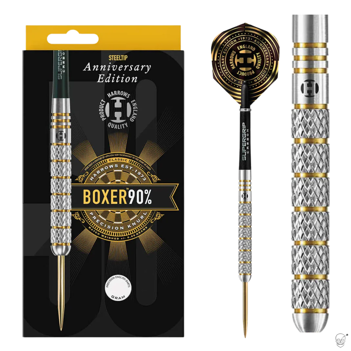 Anniversary steel tip tungsten darts in retail box with close-up of precision knurled barrel grip and gold accent rings