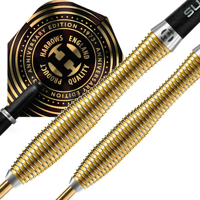 Macro close-up of gold ringed 90% tungsten darts highlighting precision grip and commemorative flight design, isolated on white background