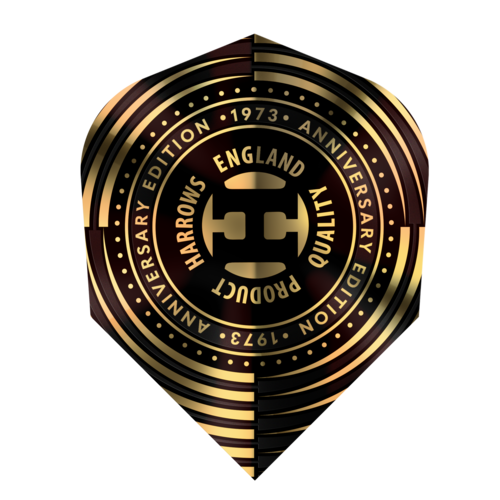 Close-up of black and gold V-Wing dart flight with anniversary edition emblem and bold graphic details