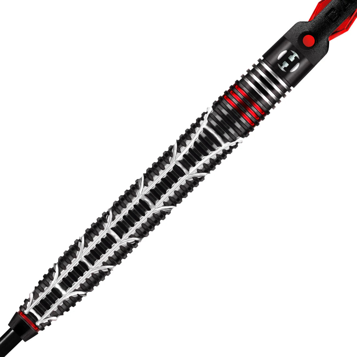 Close-up of 95% tungsten dart barrel with CNC milled grip, black and silver texture, and red accents, isolated on white