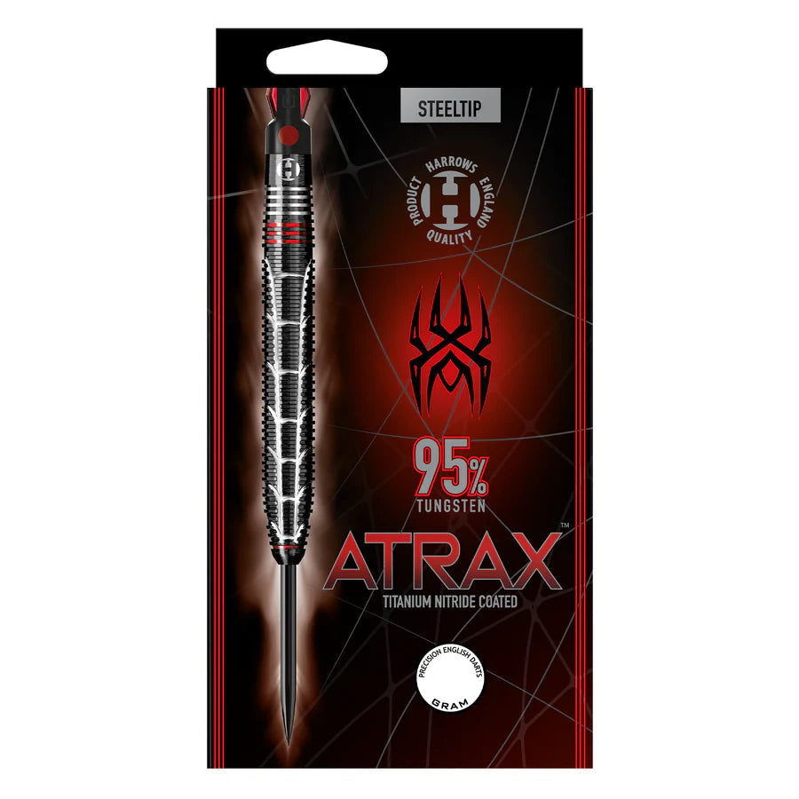 Full view steel tip tungsten dart in retail packaging, highlighting intricate grip, titanium nitride coating, and 95% tungsten content