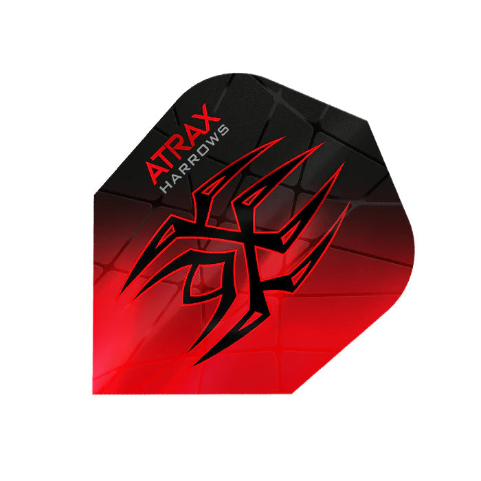 Single Atrax Red No.6 dart flight, textured black and red with tribal graphic, isolated on white background for darts setup