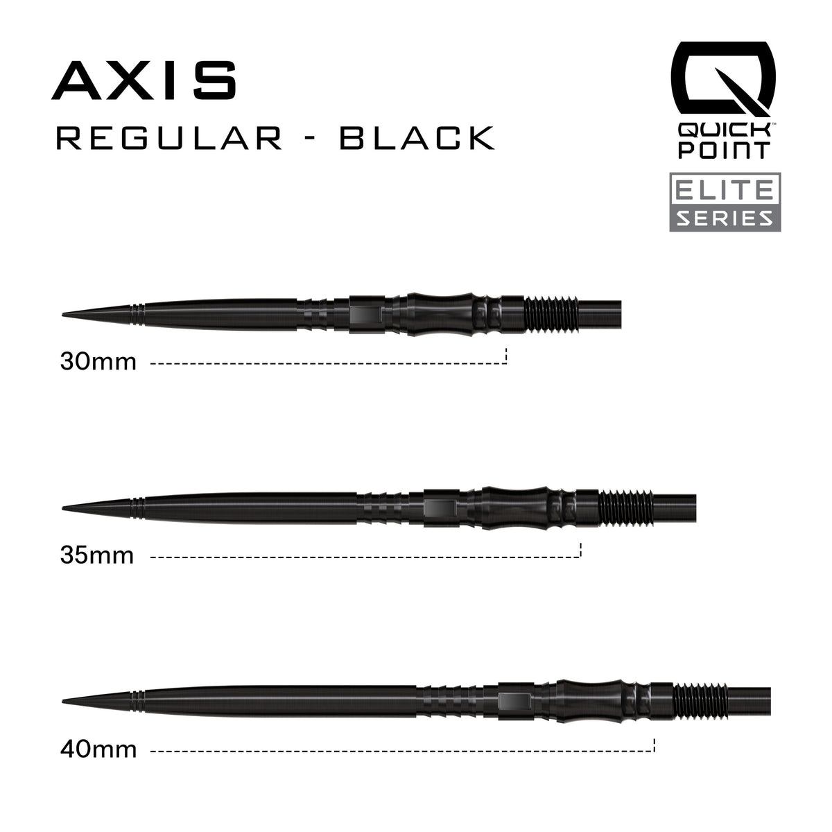 Harrows Axis Quick Point length comparison in black showing 30mm, 35mm and 40mm