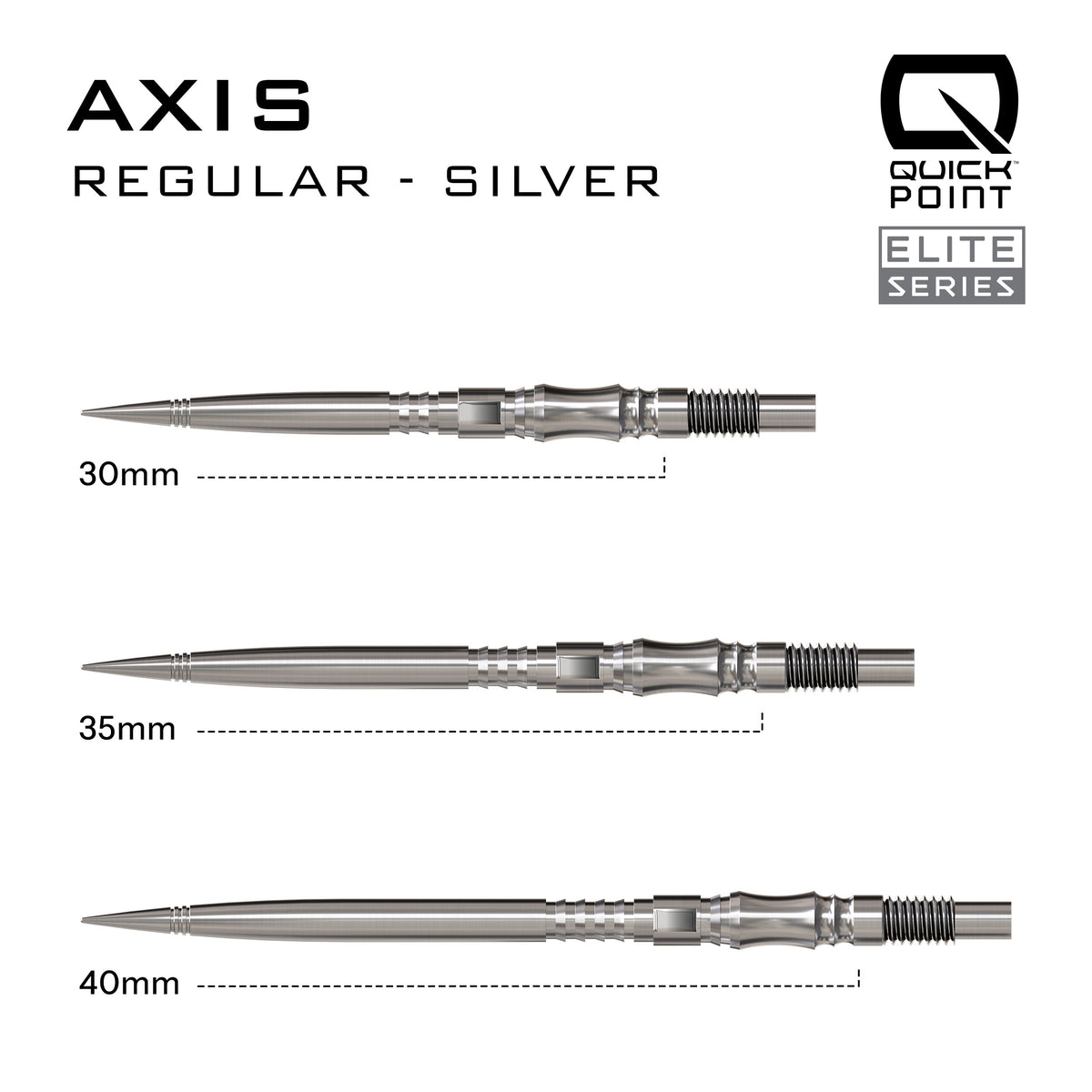 Harrows Axis Quick Point length comparison in silver showing 30mm, 35mm and 40mm