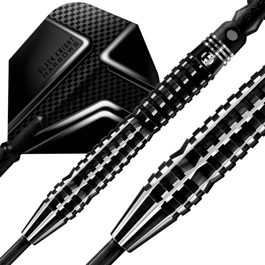 Macro close-up of 90% tungsten dart barrels with precision grip grooves and black carbon dart flight for advanced control