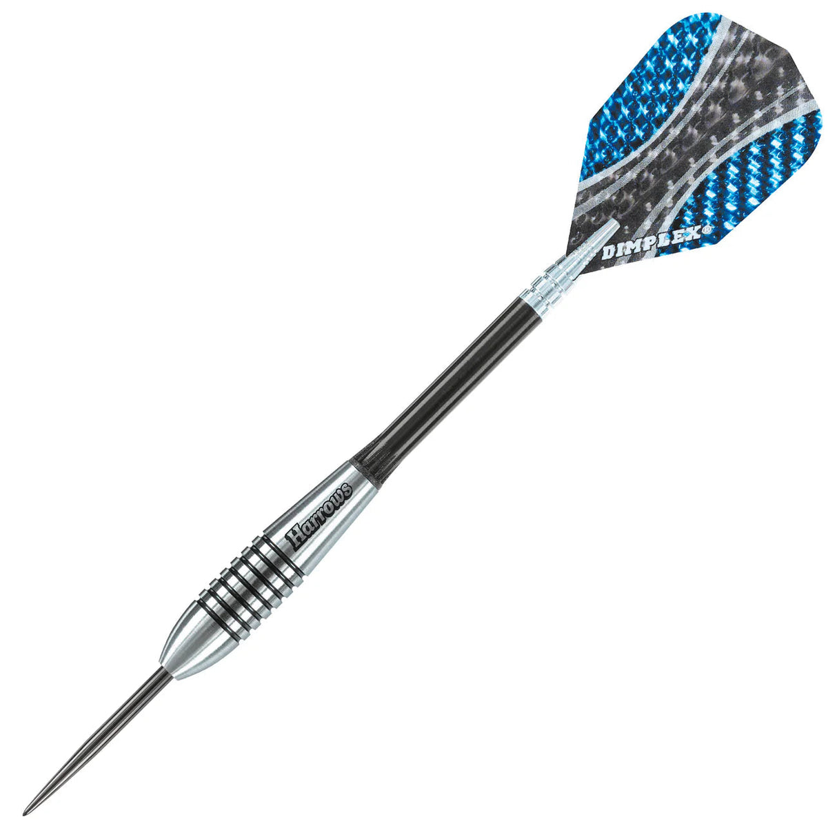 Bullet style tungsten dart with contoured grip rings and blue black Dimplex flight isolated on white background