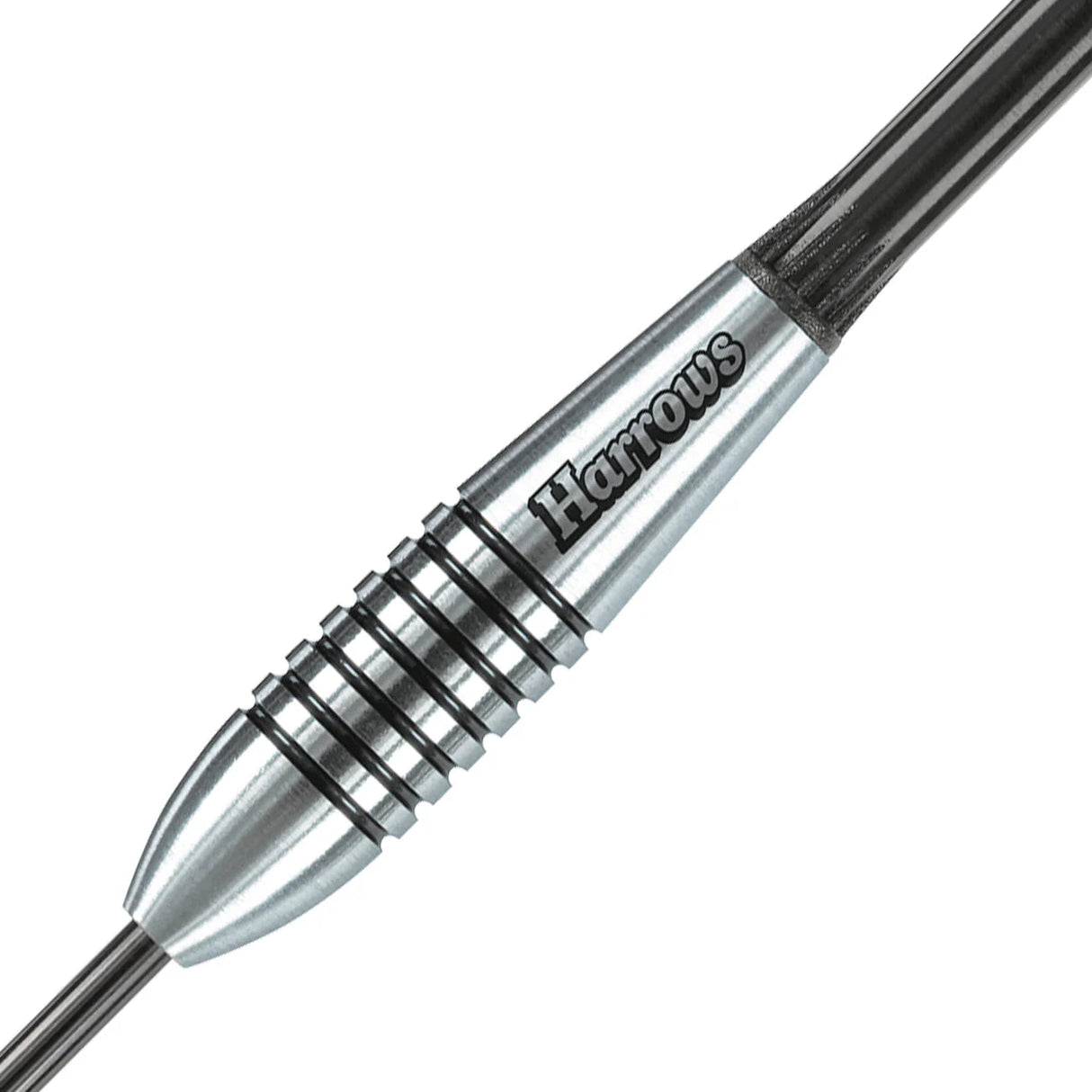 Close-up of tungsten dart barrel showing ringed grip and bullet-style contour, isolated on white background