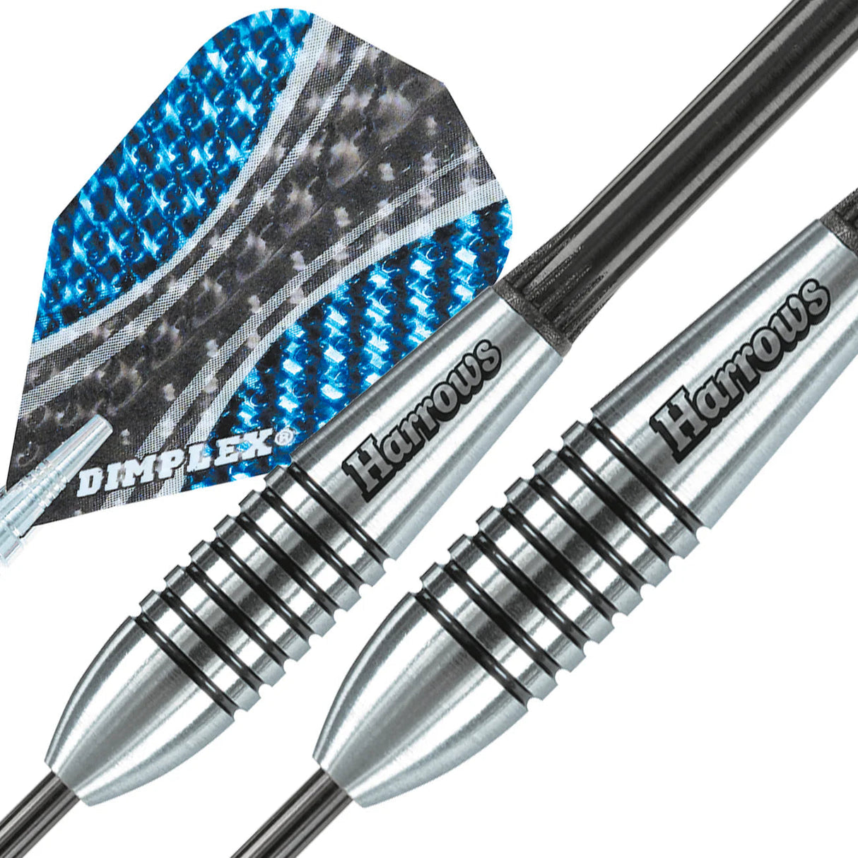 Macro close-up of 85% tungsten darts showing bullet barrel grip texture, silver grooves, and blue dimplex flight, isolated on white