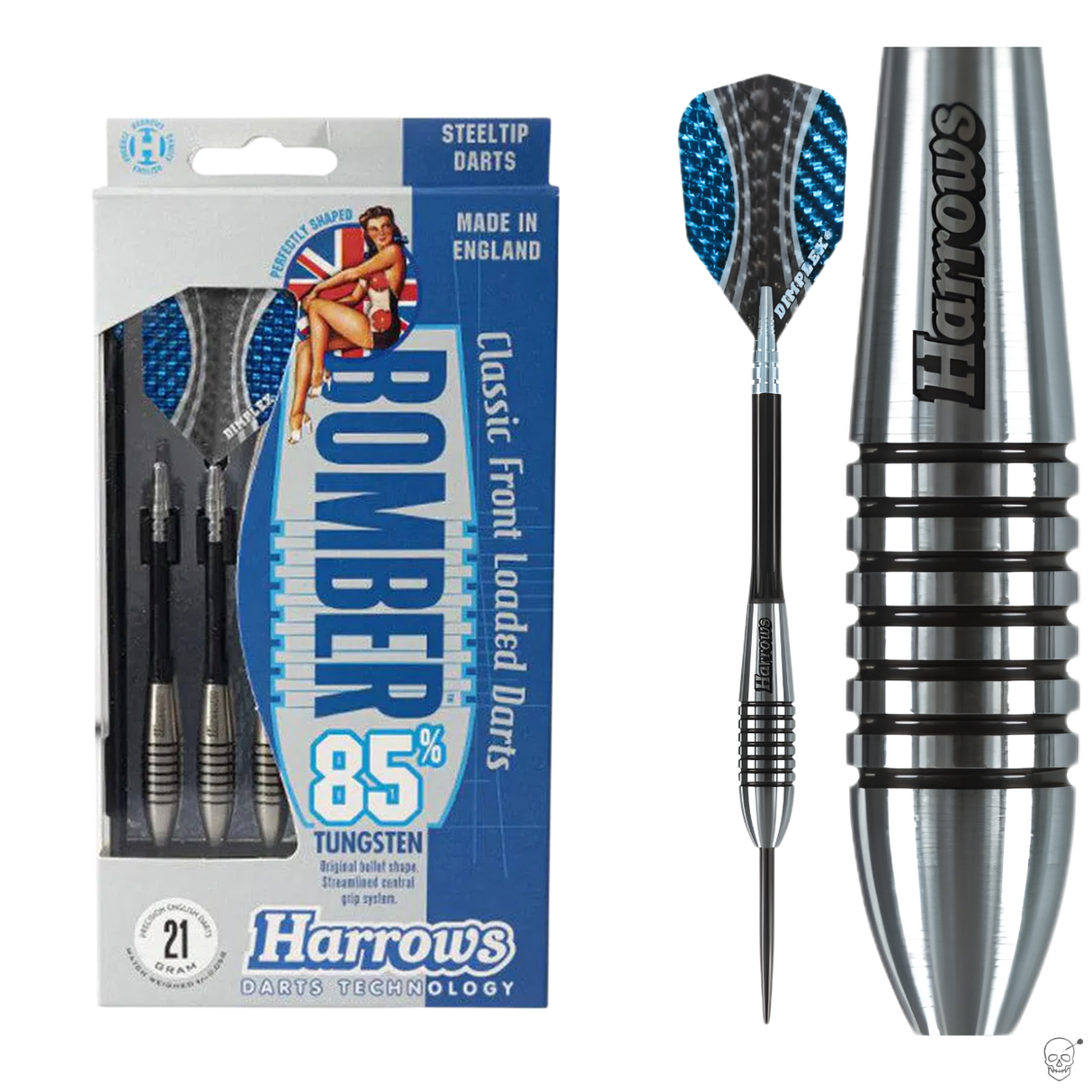 Steel tip tungsten darts set in retail packaging plus close-up of ribbed barrel and single assembled dart on white background