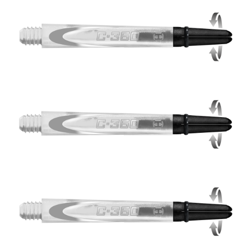 Three carbon dart shafts in horizontal alignment on white, highlighting 360 spin function with arrows emphasizing rotating tip