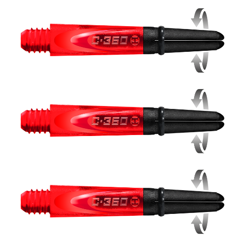 Three carbon 360 dart shafts side view showing red translucent bodies and spinning black tops with rotation arrows, isolated on white