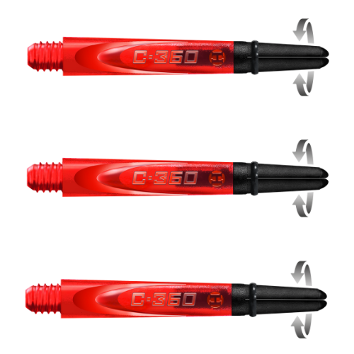 Red Carbon 360 dart shafts side-by-side isolated on white, showcasing 360 spin feature with rotation arrows for advanced dart flights