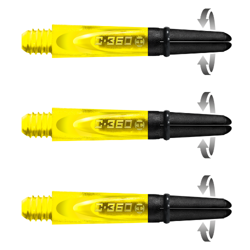 Yellow carbon 360 spin dart shafts in three aligned views, isolated on white, showing rotating top feature for darts