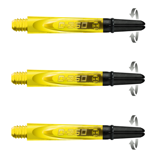Three yellow carbon dart shafts side view on white showing 360 spin top rotation for dart accuracy
