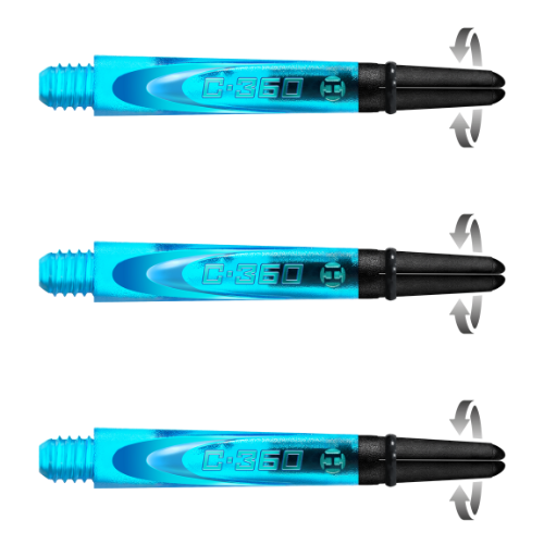 Set of three blue carbon 360 spin dart shafts side view, isolated on white, showing rotating tops for enhanced dart performance