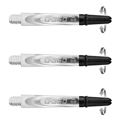Three carbon spin dart shafts isolated on white, side-by-side, showing 360-degree rotation feature and detailed barrel engraving