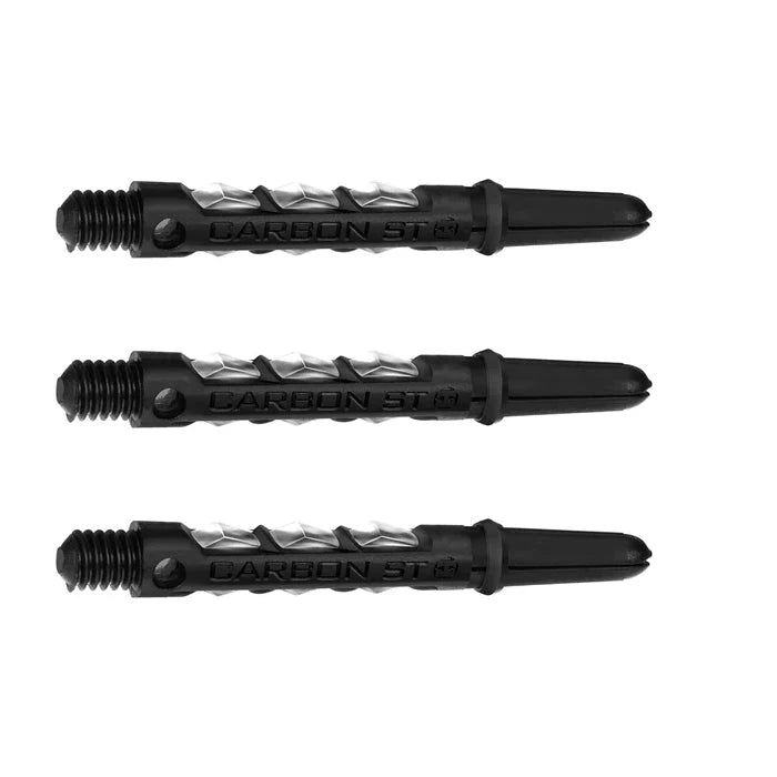 Three carbon dart shafts with spiral grip and CARBON ST engraving, isolated on white background for darts equipment buyers