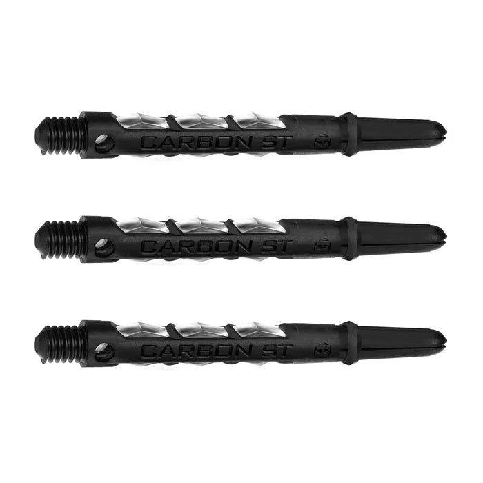 Set of three carbon composite dart shafts with textured spiral grip, CARBON ST engraving, isolated on white background
