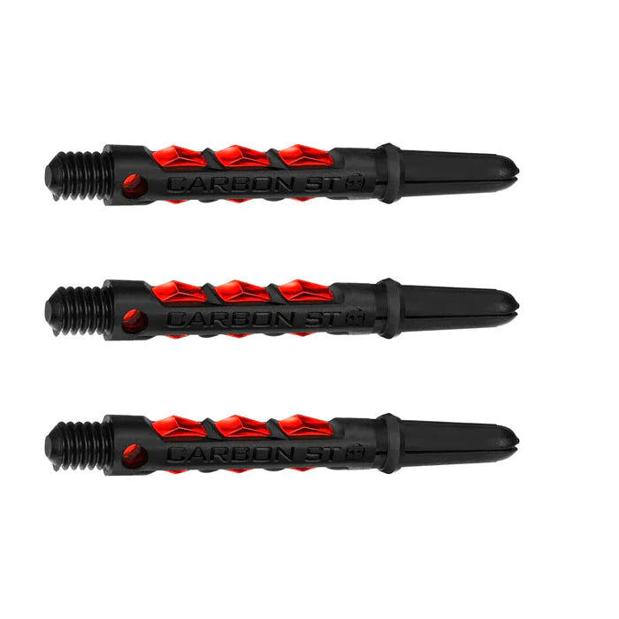 Set of three carbon dart shafts with black and red textured grip, isolated on white, full product view for dart accessories
