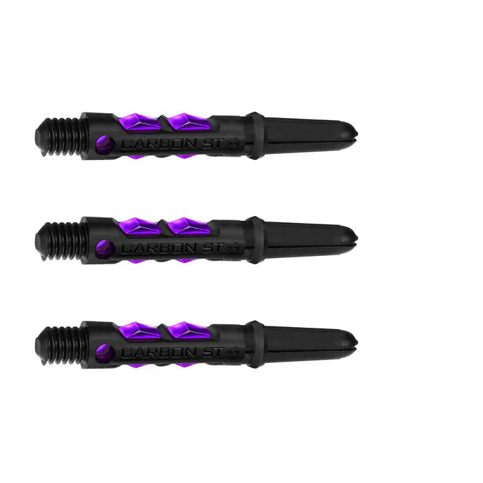 Three carbon fiber dart shafts with purple accents in a full product side view on white background, highlighting grip texture and reinforced structure.