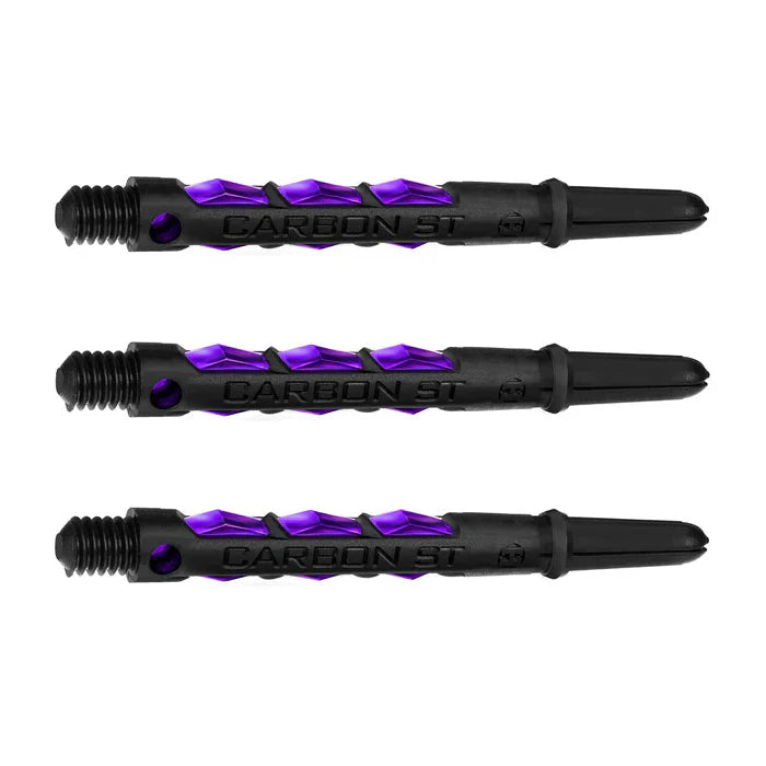 Three carbon ST dart shafts with purple textured grip and threaded tips, full length view on white background for darts equipment buyers