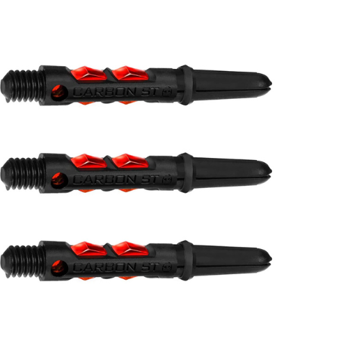 Three carbon ST dart shafts with red grip accents in parallel, isolated on white, showing textured barrel and threaded base